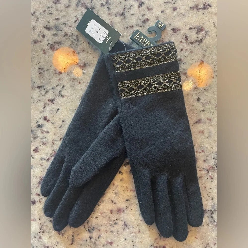 NWT Ralph Lauren Black soft wool Gloves with gold embroidered cuff size M